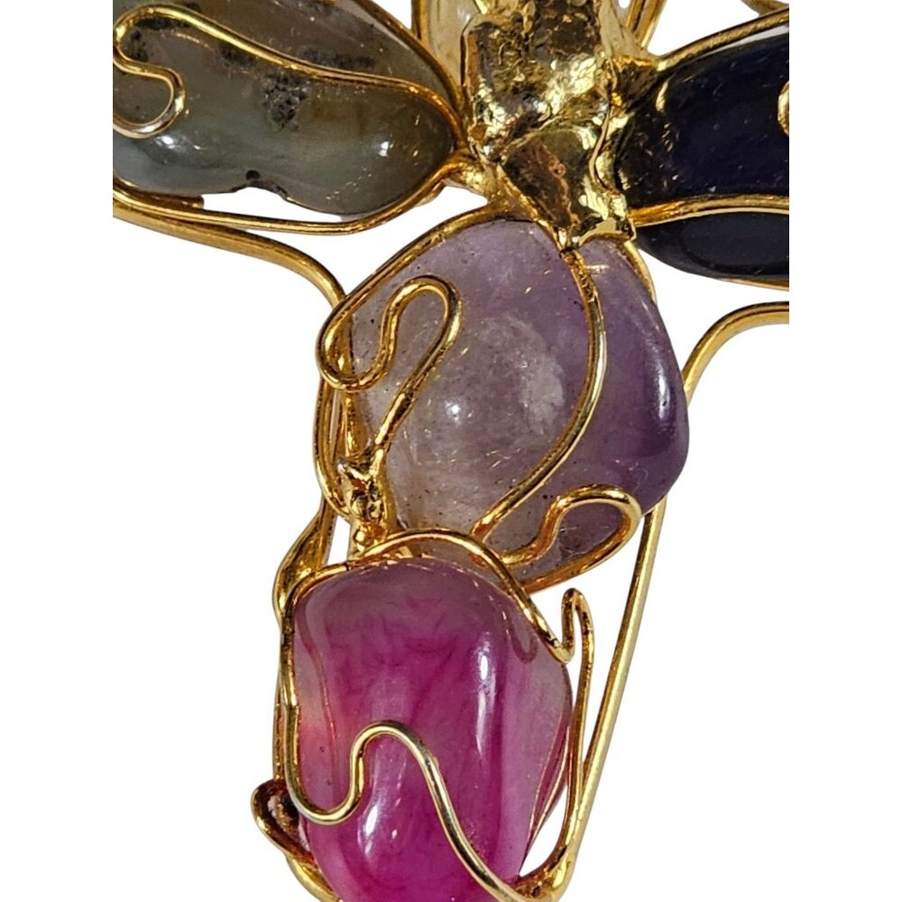 Multi Stone Cross Pendant Gold Tone Wire Wrapped Amethyst Quartz Agate Boho 3in - Picture 5 of 7